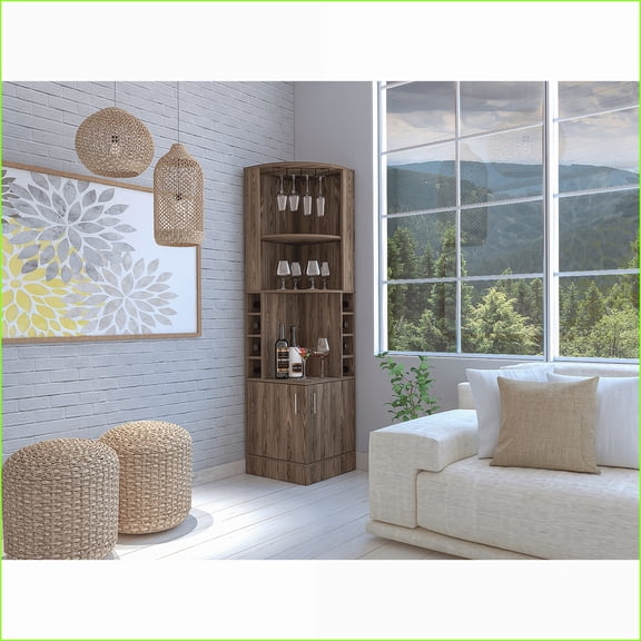 Corner Bar Cabinet with 8 Bottle Cubbies, 12 Wine Glass Rack | Modern | Particle Board