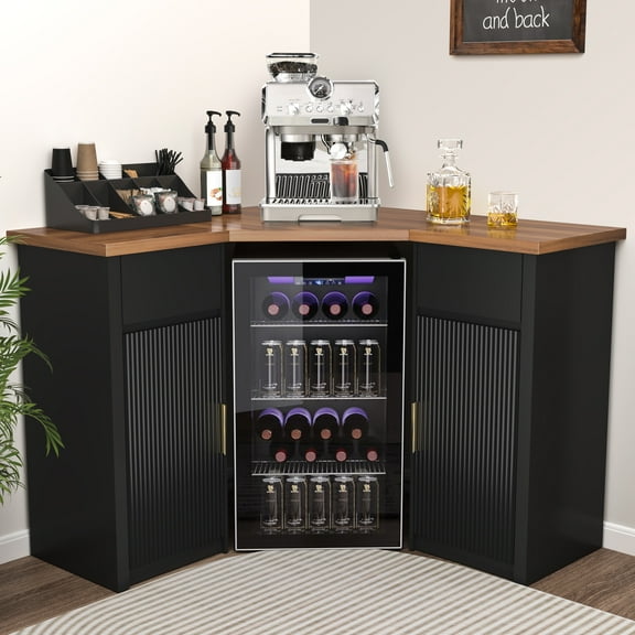 Corner Bar Cabinet with Fridge Space, Corner Coffee Bar Station for Home