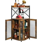 Corner Bar Cabinet with Glass Holder, x-Cosrack Storage Cabinet with Door and Shelves,Corner Shelf with Wine Rack, Rustic Brown