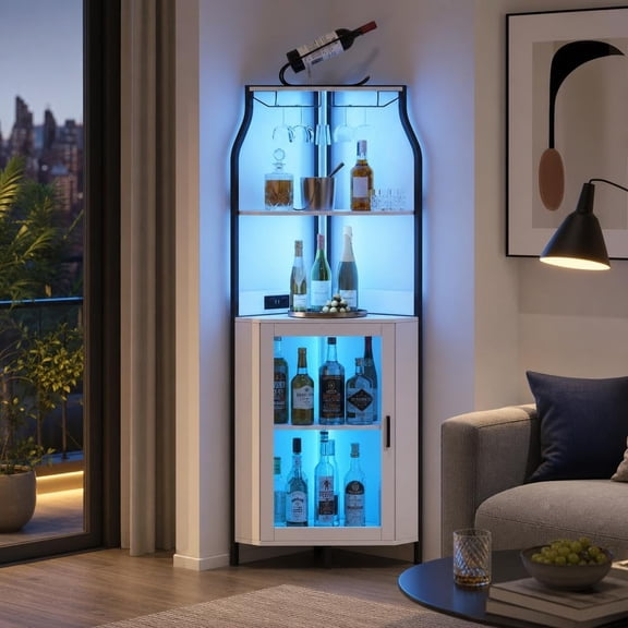 Corner Bar Cabinet with LED Lights Wine Rack Glass Holder and Adjustable Shelves White