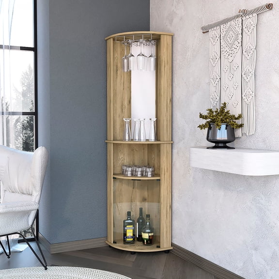 Corner Bar Cabinet with Metal Glass Rack and Shelves for Stocking Drinks