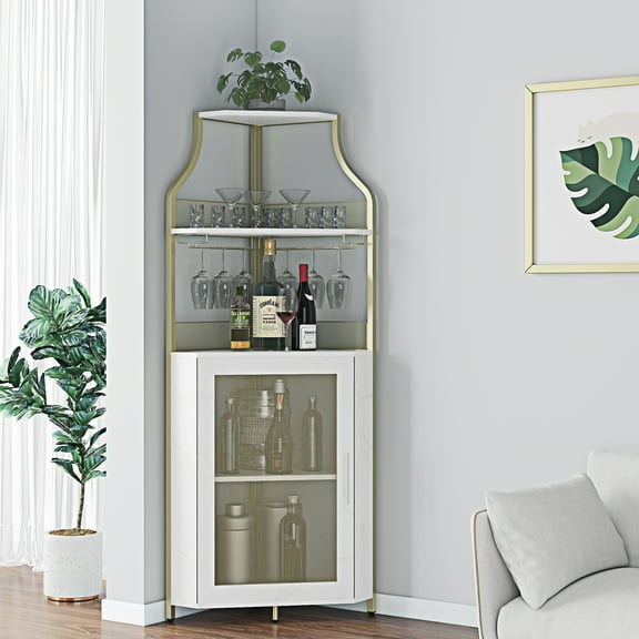 Corner Bar Cabinet with Removable Wine Rack and Glass Holder, Small Sideboard and Buffet Cabinet with Mesh Door, Liquor Cabinet Bar for Home