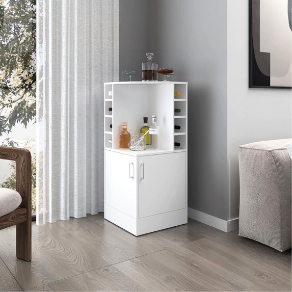 Corner Bar Cabinet with White Finish | Five or More Shelves for Storage | Particle Board as Core Material | Display Essentials Stylishly