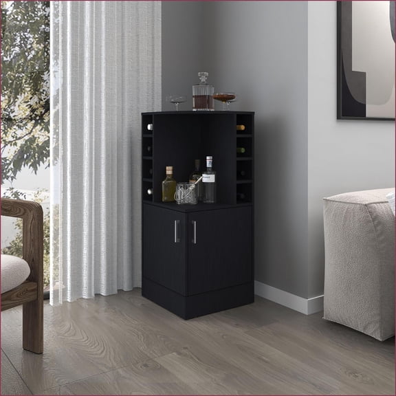 Corner Bar Cabinet with Wine Rack, Open Shelves & Hidden Storage | Black | Modern | Medium (40-55in)