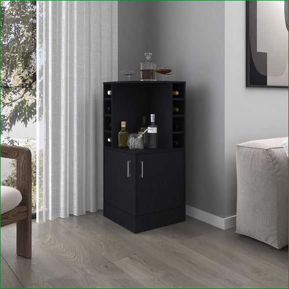 Corner Bar Cabinet with Wine Rack, Open Shelves & Hidden Storage, Black | Modern | Particle Board
