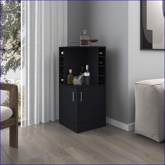 Corner Bar Cabinet with Wine Rack, Open Shelves & Hidden Storage | Modern Black | Particle Board | Medium (40-55in)