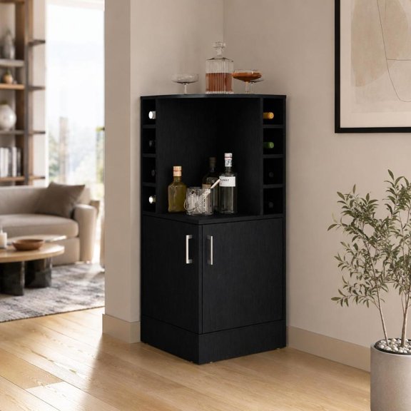 Corner Bar Cabinet, with wine rack, open shelves, hidden storage, black