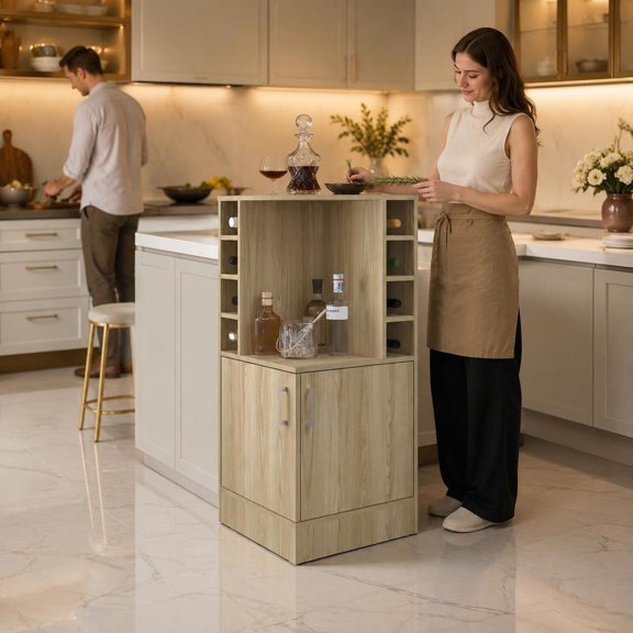Corner Bar Cabinet, with wine storage, open shelves, hidden storage, natural oak finish