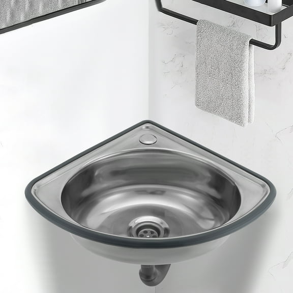 Corner Basin Sink Wall Mount Stainless Steel Triangle Wash Basin with Drain Pipe Single Bowl Sink for Kitchen RV Caravan Camper Boat
