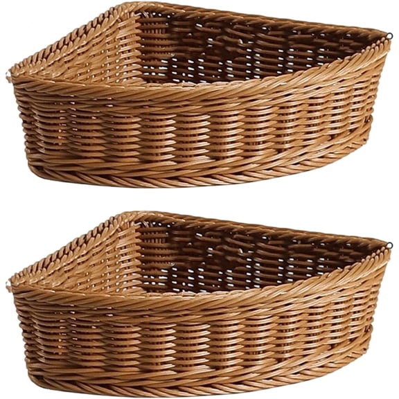 Corner Basket Storage, Triangle Baskets for Corner Shelf, Woven Imitation Rattan Stackable Organizer for Pantry, Kitchen, Bathroom and Closet, Coffee (2Pcs)