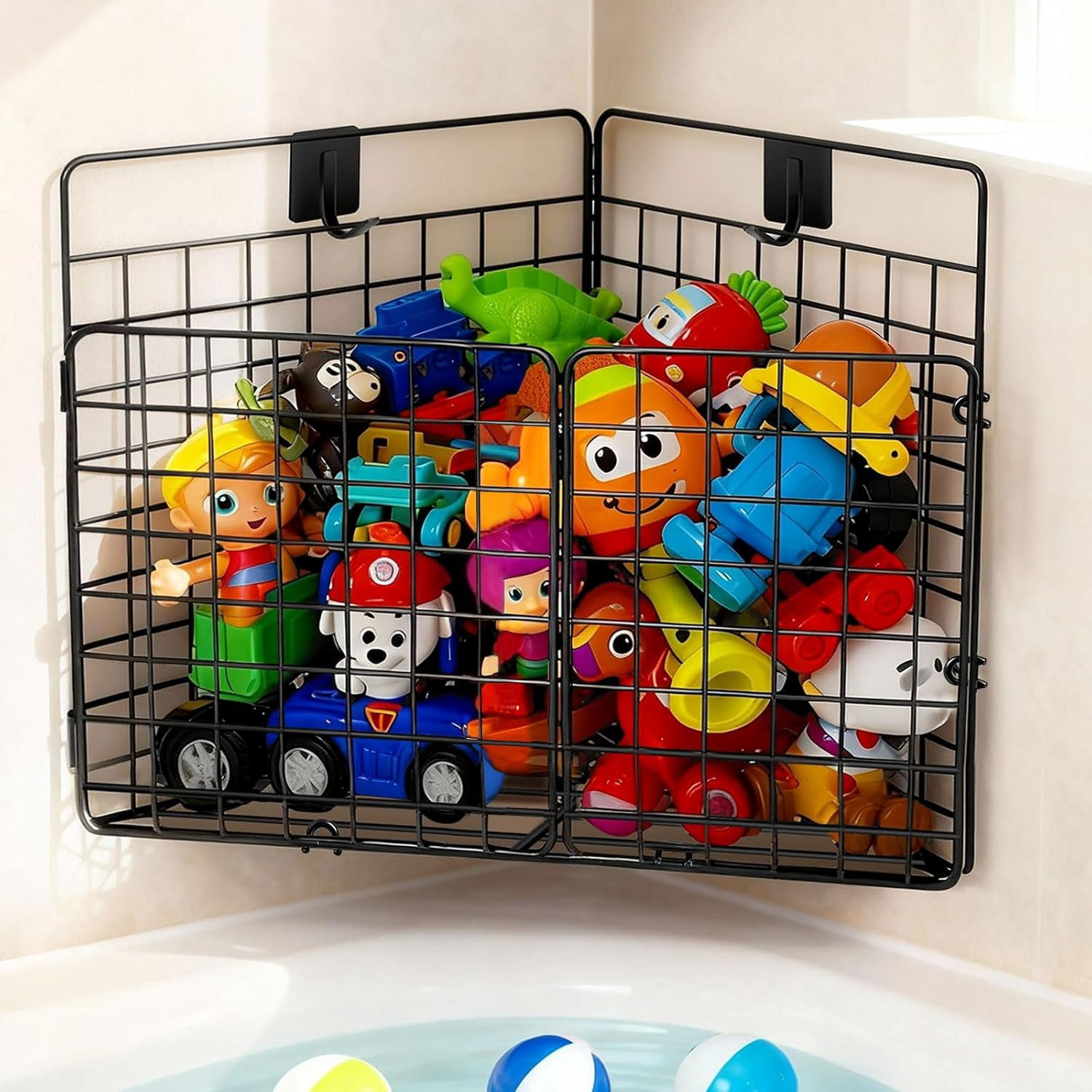 Corner Bath Toy Storage Organizer, Large Rustproof Metal Wire Basket, Foldable Wall Mounted Hanging Bathtub Holder with Drainage, No Drilling Adhesive Shower Caddy for Bathroom Tub