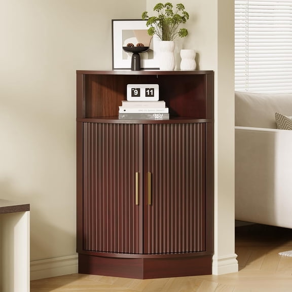 Corner Bathroom Cabinet, Modern Small Corner Cabinet with Fluted Door and Open Shelf, Space Saver for Bathroom, Living Room, Kitchen, Brown