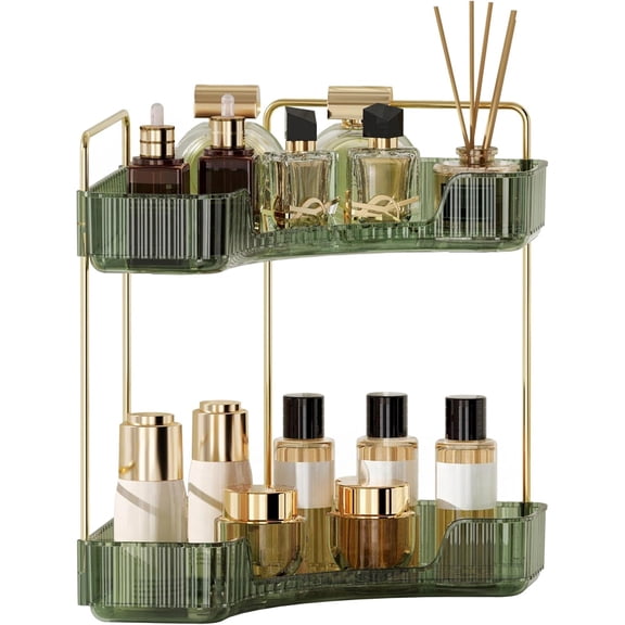 Corner Bathroom Counter Organizer 2 Tier, Makeup Vanity Storage Rack for Skincare and Cosmetics, Corner Countertop Shelf for Perfume Organizer Bathroom Kitchen, Vintage Green Space Saver