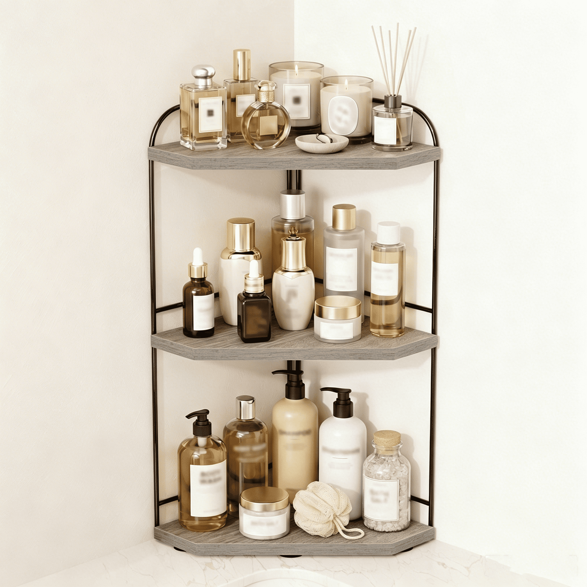 Corner Bathroom Counter Organizer, 3-Tier Wood Countertop Organizer for Perfume, Makeup Storage, Skincare Organizers for Vanity, Counter Corner Shelf for Kitchen, Bathroom, Dresser (grey)
