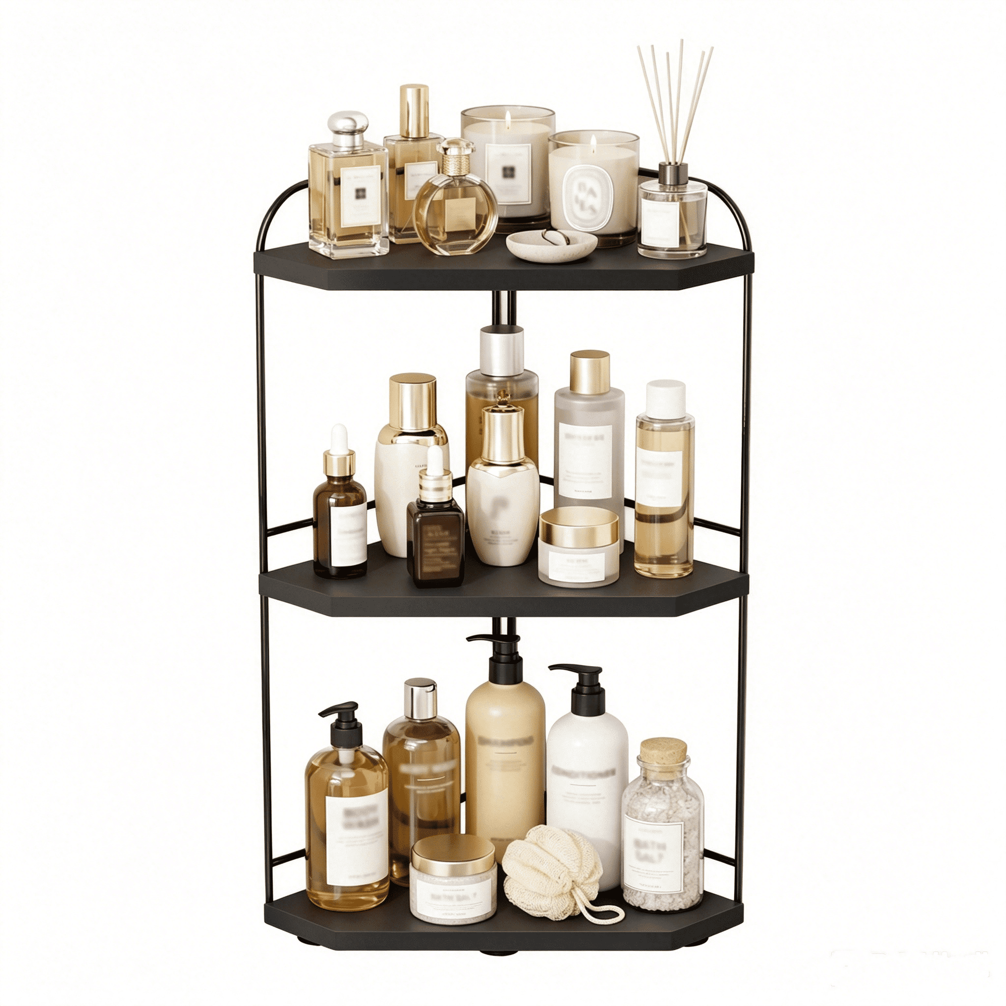Corner Bathroom Counter Organizer, 3-Tier Wood Countertop Organizer for Perfume, Makeup Storage, Skincare Organizers for Vanity, Counter Corner Shelf for Kitchen, Bathroom, Dresser (black)
