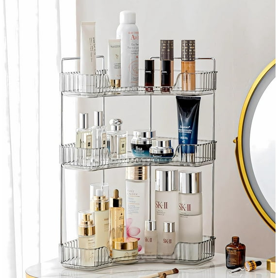 Corner Bathroom Counter Organizer Bathroom Countertop Shelf Makeup Organizer for Vanity Perfume Tray for Corner Storage (3 Tiers, Grey)