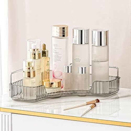Corner Bathroom Countertop Organizer, Vanity Organizer Trays for Counter, Makeup Organizers, Perfume Tray, Skincare Shelf Storage Gifts for Women Girl Student (Smoky Gray 1 Tier)