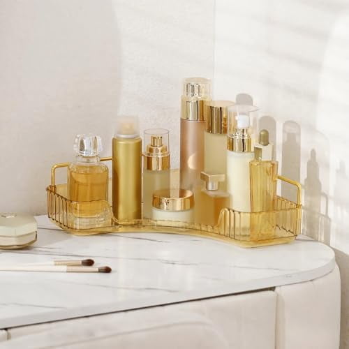 Corner Bathroom Countertop Organizer, Vanity Organizer Trays for Counter, Makeup Organizers, Perfume Tray, Skincare Shelf Storage Gifts for Women Girl Student (Yellow, 1 Tier)
