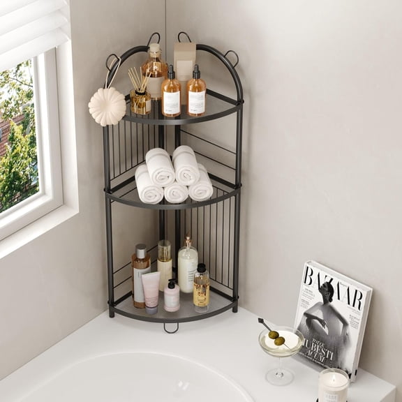 Corner Bathroom Shelf Metal Stand Black Storage Shelf Unit for Toilet Shower Room 3 Tier