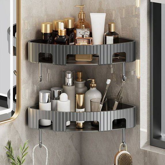 Corner Bathroom Shelf, Wall-Mounted Storage, Large Capacity + Adjustable Brackets, Modern Minimalist, for Small Bathrooms, Smart Organization, Over-the-Sink Organizer, Rustic Wood Finish, DinXzu