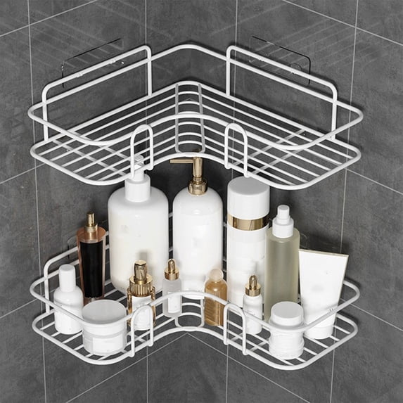 Corner Bathroom Storage Rack, Non-Drill Iron Shower Caddy with Adhesive Stickers, Double Layer Wall Mounted Organizer for Toiletries