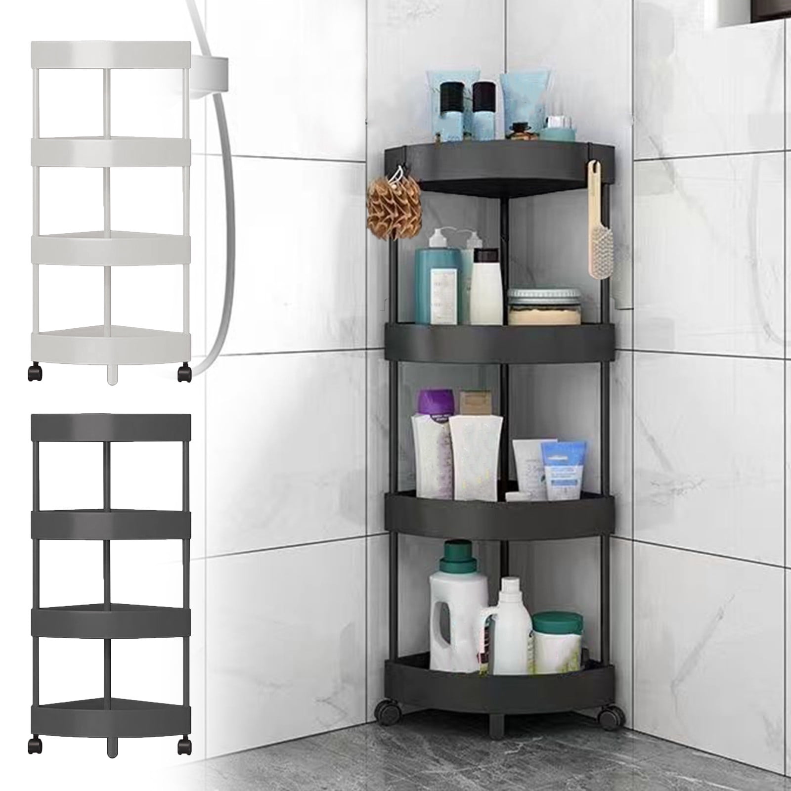 Corner Bathroom Storage Shelf, Rolling 4-Tier Organizer, Detachable ...