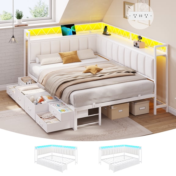 Corner Bed Frame Full Size with 6 Storage Drawers, Charging Station & RGB Led Lights, Metal Daybed with Upholstered Guardrail and Storage Shelves, Full Platform Bed Frame for Teens/Adult, White