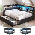 thumbnail image 1 of Corner Bed Frame Full Size with Storage Bookcase, 3 Drawers, LED Lights & Charging Station, Full Platform Bed Frame with Upholstered Headboard and Open Shelf, Metal Corner Daybeds for Teens, Black, 1 of 9