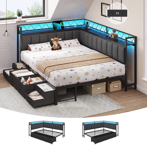 Corner Bed Frame Queen Size with 6 Storage Drawers, Charging Station & RGB Led Lights, Metal Daybed with Upholstered Guardrail and Storage Shelves, Queen Platform Bed Frame for Teens/Adult, Black