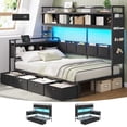 thumbnail image 1 of Corner Bed Frame with Tall Storage Bookshelf and Drawers, Twin Size Corner Daybed with LED Lights, Charging Station and 10 Storage Pockets, Twin Platform Bed Frame for Teens, Black, 1 of 9