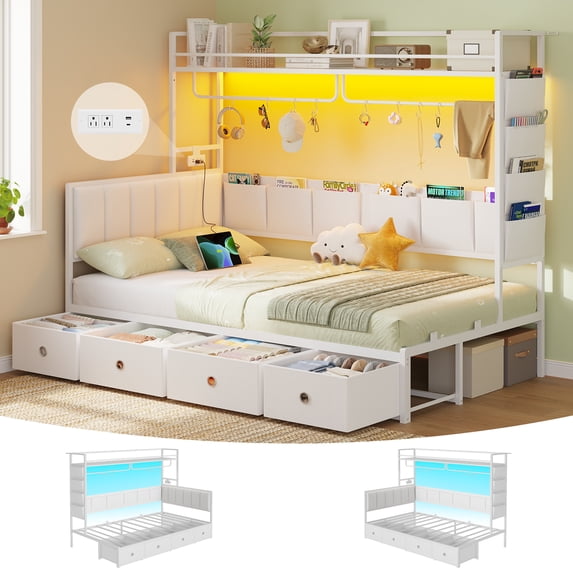 Corner Bed Frame Twin Size with 4 Drawers, Charging Station and LED Lights, Twin Metal Platform Beds with Bookcase Shelf, 10 Storage Pockets, L-Shaped Daybed for Teen, White