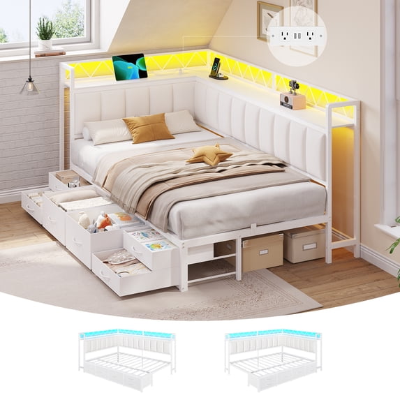 Corner Bed Frame Twin Size with 6 Storage Drawers, Charging Station & RGB Led Lights, Metal Daybed with Upholstered Guardrail and Storage Shelves, Twin Platform Bed Frame for Teens/Adult, White