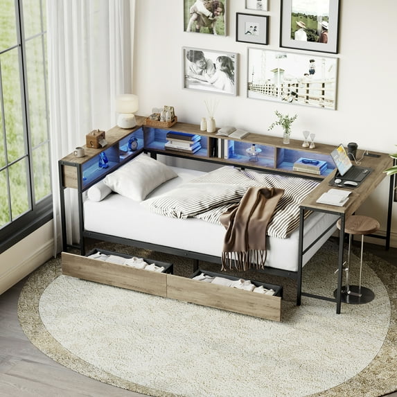 Corner Bed Frame Twin Size with Bookcase, with 2 Storage Drawers & LED Lights, Built-in Charging Station with 2 AC Outlets & USB Ports, Reversible Left/Right Design, Grey Modern Platform Bed