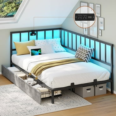 Mabor Corner Bed Frame Twin Size Metal Platform Bed Frame with Charging Station&Led Lights, Twin Daybed with 2 Storage Drawers for Bedroom, Black