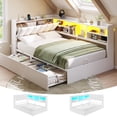 thumbnail image 1 of Corner Bed Frame Twin Size with Storage Bookcase, 3 Drawers, LED Lights & Charging Station, Twin Platform Bed Frame with Upholstered Headboard and Open Shelf, Metal Corner Daybeds for Teens, White, 1 of 9