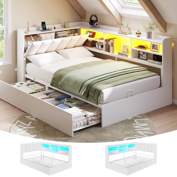 Corner Bed Frame Twin Size with Storage Bookcase, 3 Drawers, LED Lights & Charging Station, Twin Platform Bed Frame with Upholstered Headboard and Open Shelf, Metal Corner Daybeds for Teens, White