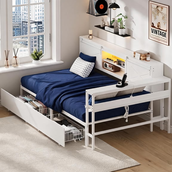 Corner Bed Frame, with Bookcase Headboard & 2 Drawer