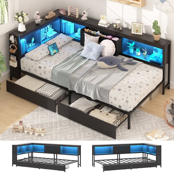 Lusimo Twin Corner Bed Frame with Bookcase Storage and LED Lights & Charging Station, Metal Platform Bed Frame with Storage Drawers Underneath for Bedroom, Black