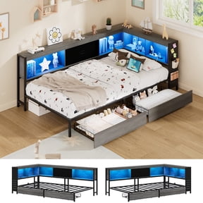 Lusimo Twin Corner Bed Frame with Bookcase Storage and LED Lights & Charging Station, Metal Platform Bed Frame with Storage Drawers Underneath for Bedroom, Gray