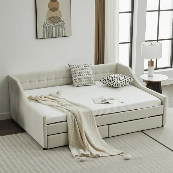 Corner Bed Sofa Bed with Drawers Twin Size Velvet Upholstered daybed Twin Daybed with Storage, Wood Slat Support (Beige,full,79.9"x58.2"x28.7")