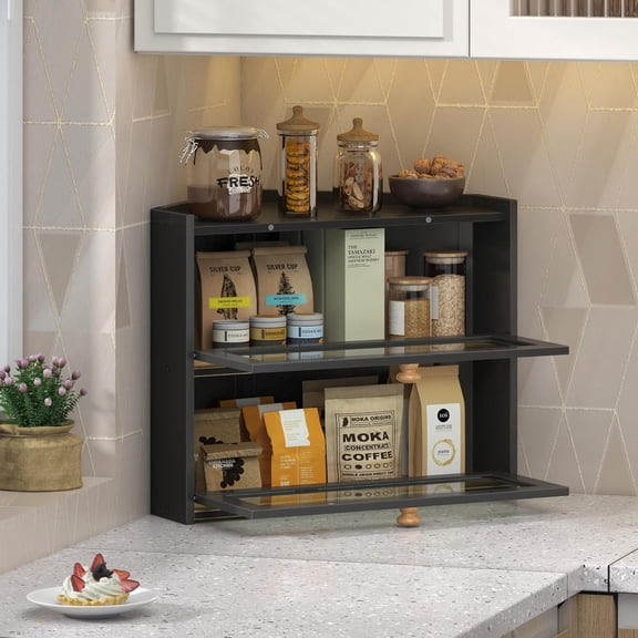 Corner Black Bread Box for Kitchen Countertop, Large Bamboo Wooden Bread Storage Container, Farmhouse Style Bread Holder with Window