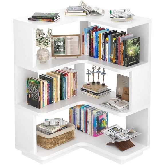 Corner Book Shelf, 4-Shelf L Shaped Corner Bookshelf with Baffle | Short Bookcase Freestanding Display Shelf Stand for Small Spaces, Home Office, Bedroom, Living Room, Kitchen, White