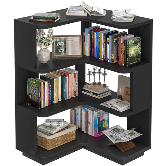 Corner Book Shelf - 4 Tier Corner Bookshelf Etagere Bookcase with Baffle, Freestanding L Shaped Display Shelf Stand for Home Office, Living Room, Bedroom, Kitchen, White