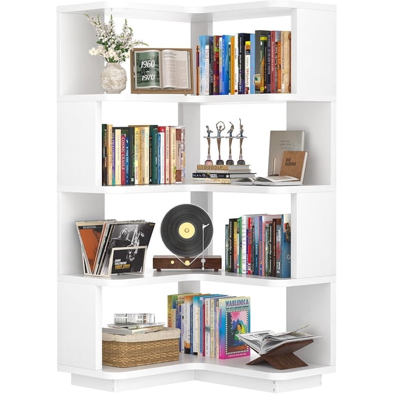 Corner Book Shelf - 5 Tier Corner Bookshelf Etagere Bookcase with Baffle, Freestanding L Shaped Display Shelf Stand for Home Office, Living Room, Bedroom, Kitchen, White
