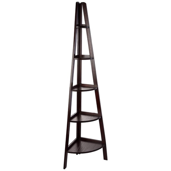Corner Bookcase 5 Shelf - Solid Wood Ladder Design in Espresso, 72" Height