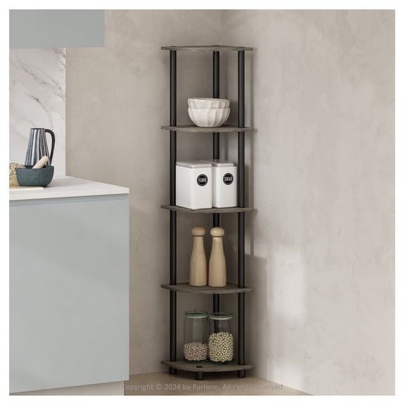 Corner Bookcase 5 Tier, 11.6" x 57.7" Particle Board Shelves - French Oak Finish, Space Saving Storage for Living Room, Bedroom, Office