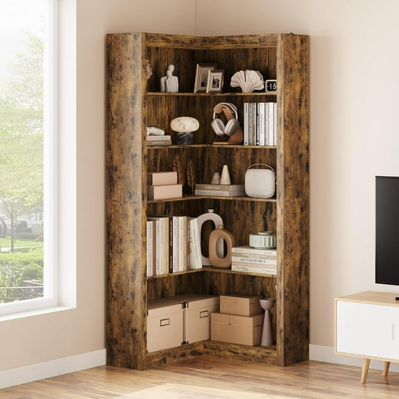 Corner Bookcase,5-Tier Modern Mid Century Corner Bookcase,71.8" Tall Corner Shelf with Storage,Multifunctional Freestanding Bookshelf for Home Office Living Room Bedroom