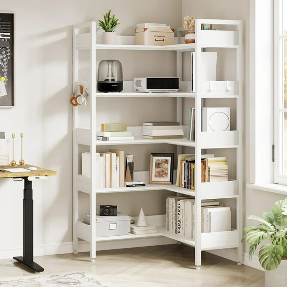 Corner Bookshelf, 5 Tier Convertible Corner Book Shelf, Modern Industrial Bookcase, l Shaped Storage Display Shelf for Home Office, Living Room, Study Room Office