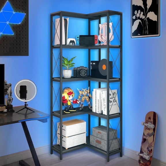 Corner Bookshelf, 5 Tier Industrial Style Design Corner Shelf with Metal Frame and Open Shelves for Living Room, Bedroom, Study, Black