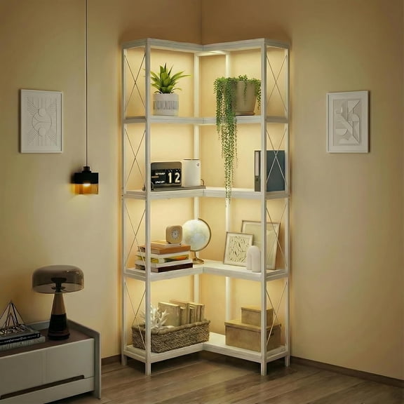 Corner Bookshelf, 5 Tier Industrial Style Design Corner Shelf with Metal Frame and Open Shelves for Living Room, Bedroom, Study, White